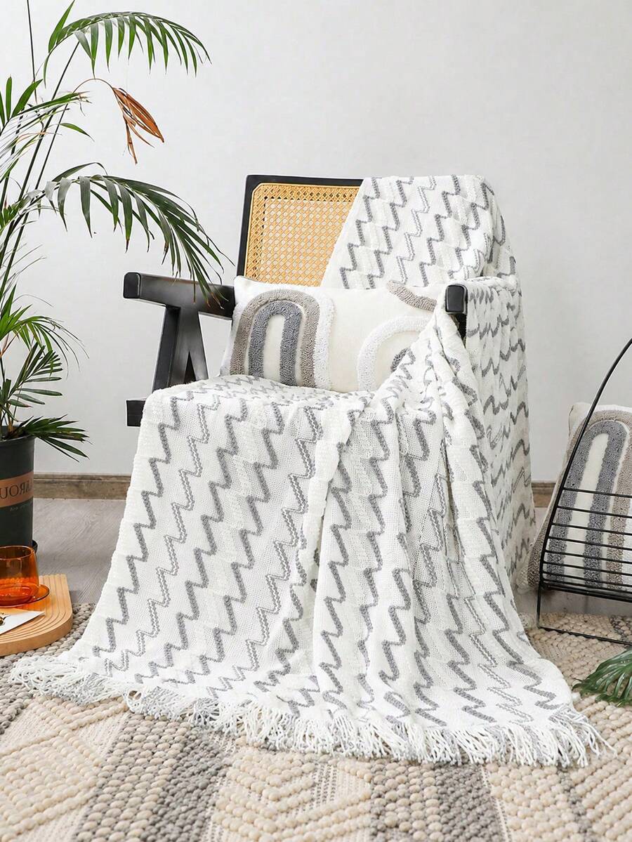 1pc Knitted Wave Stripe Blanket, Nordic Style Acrylic Hollow Out Rectangular Fringed Throw For Nap, Office, Sofa, Bed - Black and White - View 1