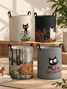 1pc Storage Basket, Laundry Basket, Washing Basket, Storage Bin, Cat Print Design, Handle Storage Basket, Foldable Multi-Purpose Storage Box, Suitable For Clothing, Jewelry, Toys And Other Daily Storage - Multicolor - View 1