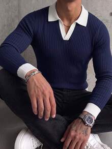 New Men's Casual Comfortable Knitted Long Sleeve Polo Shirt, Versatile For Daily Wear - Navy Blue - View 1