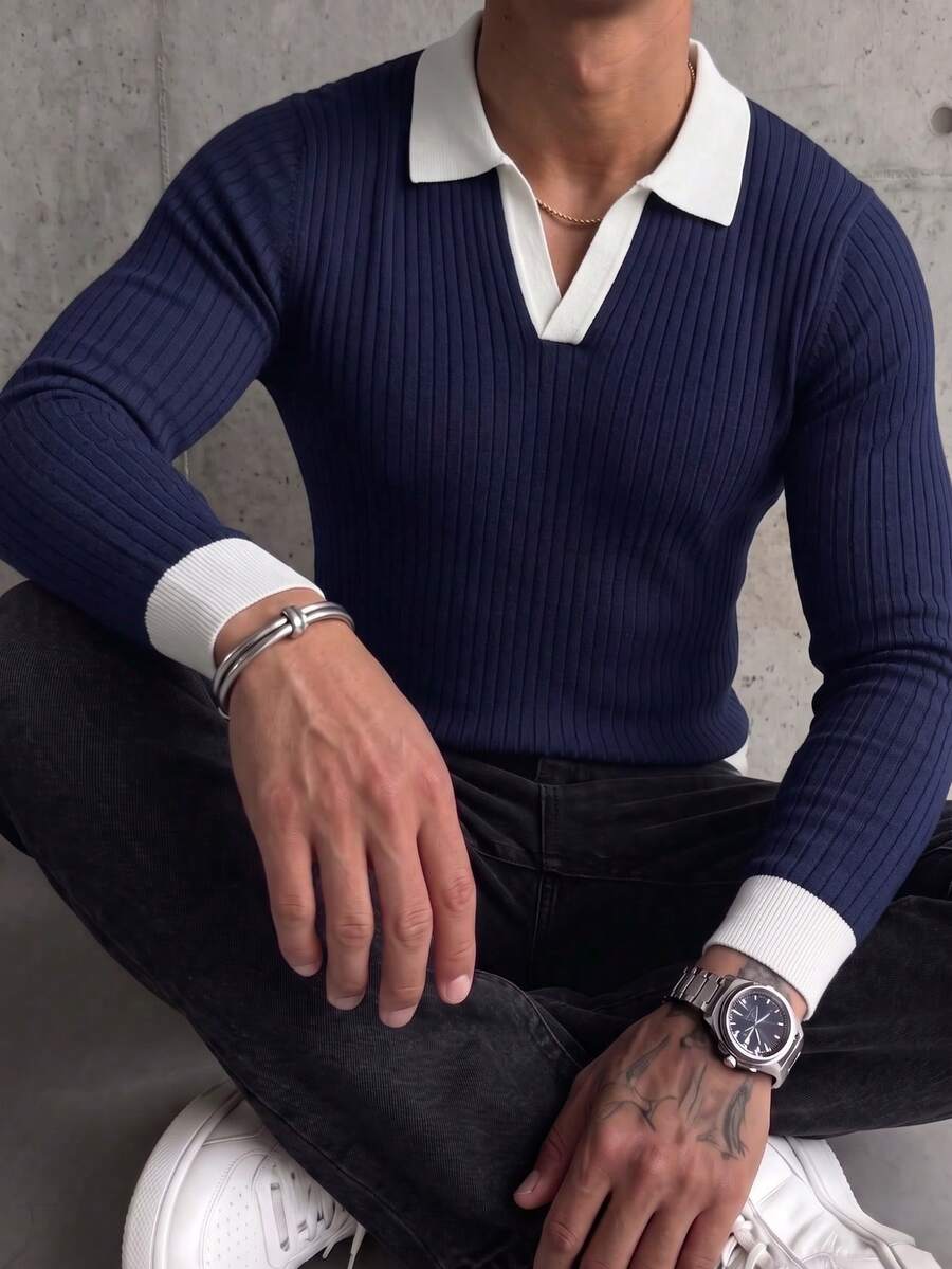 New Men's Casual Comfortable Knitted Long Sleeve Polo Shirt, Versatile For Daily Wear - Navy Blue - View 1