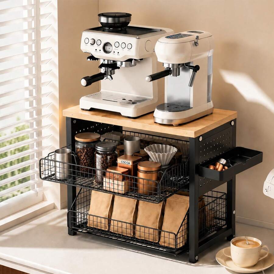 2026 Neuheit Kaffee-Kapsel Aufbewahrungsregal, dreistufige Kaffee-Station mit 5 Metall-Schubkörben und seitlichem Tablett, Kaffeemaschinenständer mit Walnuss Echtholzoberfläche, Küchen Organizer für Kaffee-Kapseln, Tassen, Gewürze und Teeutensilien