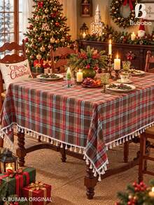 Christmas Plaid Tablecloth With Tassel Fringe, Polyester Rustic Farmhouse Holiday Table Cover For Dining Room Kitchen Christmas Party Decor Christmas Decrotions Christmas Decorations For Home - Red - View 5