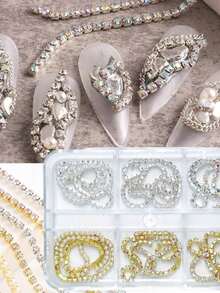 1set/2sets Fall Winter Christmas 6-Grid Box Gold & Silver Claw Chain Nail Art Decorations, Metal Rhinestone Chain Accessories, Autumn Winter Christmas Nail DIY Decorative Accessories - Multicolor - View 3