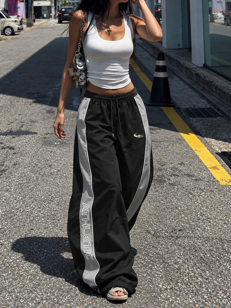 Women's Street Style Patchwork Side Panel Sports Long Pants, Adjustable Drawstring Hem, Autumn/Winter Outdoor Casual - Black - View 1