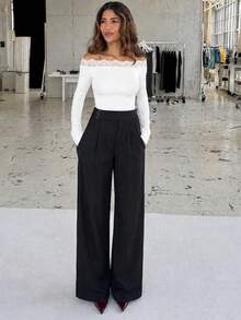 Women's Elegant High Waist Double Ring Buckle Pleated Wide Leg Suit Pants - Black - View 2