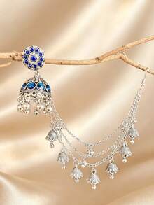 優雅水鑽金色 Jhumka 耳環附流蘇髮鏈，傳統中東大耳環，適合婚禮珠寶或派對穿著 - 花朵款吊墜耳環 - 查看 8