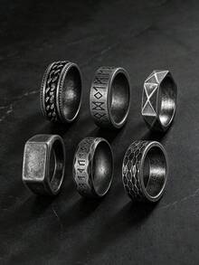 6PCS Retro Punk Antiqued Stainless Steel Men's Rings, Viking Rune Seal Chain Rings, Unique Men's Jewelry Accessories, Daily Wear Jewelry - Antique Silver - View 4