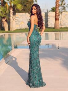 Elegant Women's Fitted Strapless Mermaid Long Evening Gown, Suitable For Valentine's Day Party, Evening Gala, Celebration, Night Occasions - Dark Green - View 2