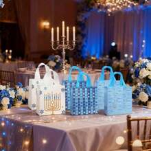 Happy Non-Woven Fabric Reusable Blue And White Party Gift Tote Bag, Menorah Dreidel Star Of David Print Handle Bag, Suitable For Holiday Gift Giving, Random Style - Multicolor - View 3