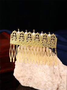 1Pc Vintage Gold Hollow Carved Hair Comb, Ornate Scroll Embossed Hair Insert Comb, Elegant Hair Accessory For Women Wedding Banquet - Gold - View 7