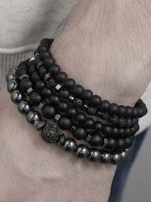 RINTOLER 5pcs/Set Retro & Unique Design Matte Lava Stone Beaded Bracelet With Spacer Beads, Rhinestone Balls And Elastic Cord - Black - View 5