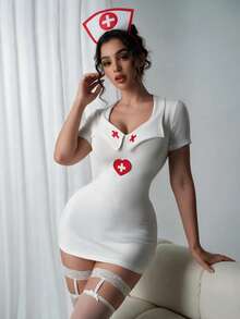 Women's Sweet Sexy Nurse Cosplay Uniform Dress With Hollow Back And Bow, Role Play Costume For Streamers - White - View 7