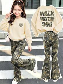 American Style Versatile Girls' Sweatshirt & Leaf Print Pants 2-Piece Set, Random Cut, Suitable For Spring And Autumn, Perfect For School, Vacation, Shopping And Sports - Apricot - View 1