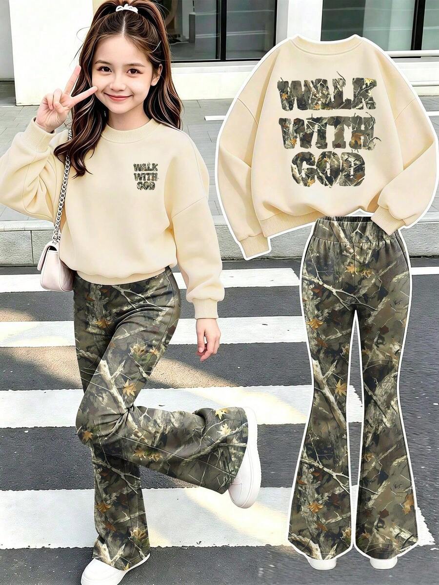 American Style Versatile Girls' Sweatshirt & Leaf Print Pants 2-Piece Set, Random Cut, Suitable For Spring And Autumn, Perfect For School, Vacation, Shopping And Sports - Apricot - View 1