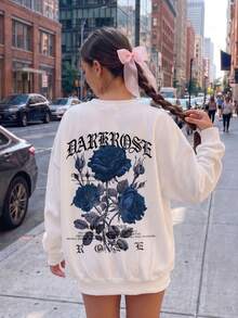 Women's White Long Sleeve Crew Neck Pullover, Rose Print Design, Casual Fashion Street Style Autumn Outfit - White - View 2