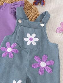 2pcs Baby Girl Cute Casual Ribbed Top & Towel Embroidery Corduroy Overalls Set, Thin Spring/Autumn - Purple - View 6