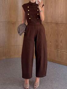 LUNNELUX Women Fall Brown Sleeveless Stand Collar Jumpsuit, Decor Button Belted Wide Leg Cropped Jumpsuit With Pockets, Halloween Daily Outfit - Brown - View 4