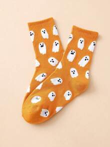 1/3/5/7 Pasang Kaos Kaki Wanita Motif Hantu Lucu Setinggi Betis, Halloween - Kuning - View 3