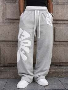 Suitable As A Father's Day Gift, Men's Casual Sports Straight Leg Pants, Drawstring Waist, Polyester Material, Leisure Long Pants, Available In Multiple Colors, Unisex Design - Light Grey - View 1