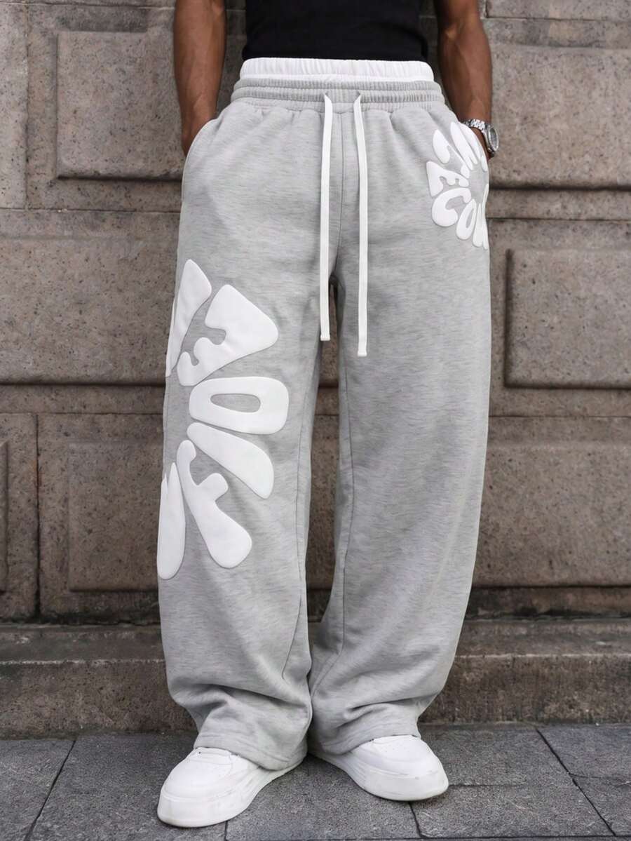 Suitable As A Father's Day Gift, Men's Casual Sports Straight Leg Pants, Drawstring Waist, Polyester Material, Leisure Long Pants, Available In Multiple Colors, Unisex Design - Light Grey - View 1