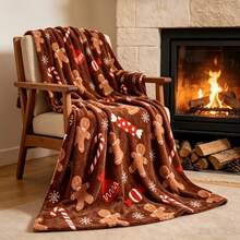 Brown Gingerbread Man Candy Cane Christmas Print Fluorescent Flannel Blanket, Living Room Sofa Bay Window Office Nap Throw, All-Season Machine Washable, Christmas, Birthday Gift Recommendation - Multicolor - View 2