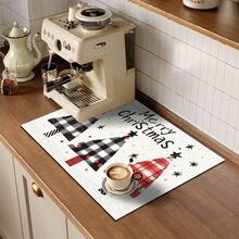 1pc Christmas Series Red & Black Plaid Cartoon Christmas Tree Pattern Printed Coffee Bar Mat, Drainage Mat, Coffee Machine Soft Bottom Diatomaceous Earth Drainage Mat, Soft Rubber Drainage Mat, Super Absorbent Wear-Resistant Dish Drying Mat, For Countertop Restaurant Kitchen Table Mat, Patio Dining Table Decor, Home Kitchen Supplies, Countertop Decorative Mat - Multicolor - View 5