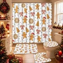 1/4 Piece Bathroom Curtain Set, Includes Non-Slip Rug, Toilet Lid Cover And Bath Mat, Christmas Gingerbread Man Candy Cane Snowflake Pattern Waterproof Shower Curtain, With 12 Hooks, Suitable For Bathroom, Size 70.8*70.8 Inches - A - View 3