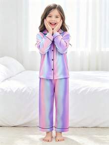 青少年女孩粉紫色藍色條紋長袖長褲睡衣兩件套 - 彩色 - 查看 5
