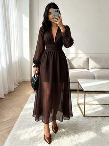 RNU Damen braunes V-Ausschnitt romantisches elegantes lässiges Urlaubs-Langarmkleid, Boho-Stil elegantes Puffärmel Rüschen V-Ausschnitt figurbetontes Maxikleid - Kaffeebraun - Übersicht 4