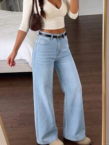High Waist Washed Stretch Straight Leg Jeans, Casual Comfortable Daily Wear - Light Wash - View 5