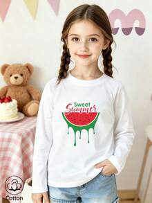 Girls' Cute Printed Long-Sleeve Casual Sports T-Shirt With Set-In Sleeves And A Round Neckline - White - View 3