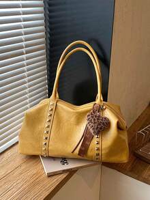 Tas Bahu Retro Wanita Kapasitas Besar, Tas Hobo Dekorasi Rivet Timbul Huruf dengan Liontin Hati Leopard, Tas Tote Kasual untuk Komuter - MultiWarna - View 3
