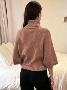 Women's Casual Autumn/Winter Solid Gray High Neck Batwing Sleeve Knit Top, Cinched Waist Textured Design, Daily Commute Office Wear Pullover - Redwood - View 2