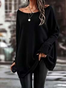 Plus Size Women's Black Off Shoulder Batwing Sleeve Knit Sweater Long Ribbed Tie Detail Autumn/Winter Warm Top - Black - View 2