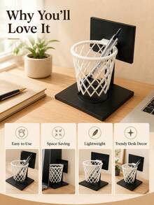 1pc Basketball Hoop Shaped Pen Holder, Creative PLA Desk Organizer With Mini Basketball Backboard & Net Design, Fun Decorative Pencil Cup For Pens, Pencils & Office Supplies, Unique Desk Decor Gift For Basketball Fans, Students And Sports Lovers - Multicolor - View 3