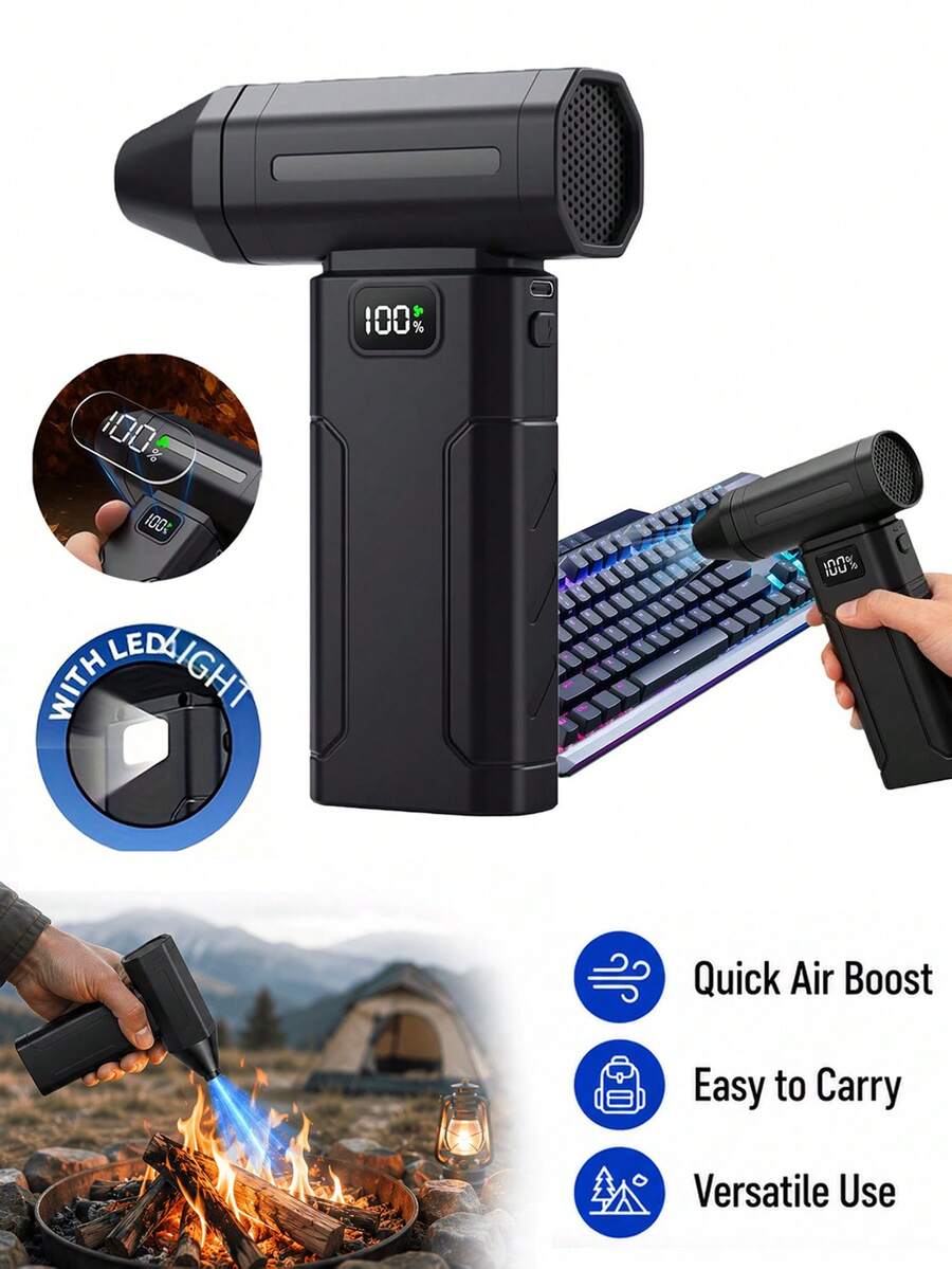 Powerful Portable Electric Air Duster Blower, High-Speed Turbo Fan, USB Rechargeable Jet Fan With Smart Display And LED Light, Cordless Blower With Adjustable Air Speed, Dust Removal Fan For Car, Computer, Keyboard, Leaf Blowing, Cooling, BBQ
