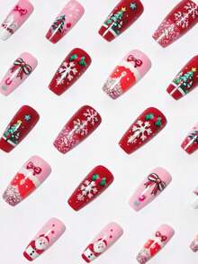 24pcs Long Ballet-Shaped Fake Nails, Christmas Style With Santa, Snowflakes, And Christmas Trees. Full Coverage, Removable Nail Set, Perfect For Parties, Proms, And Everyday Wear. - Multicolor - View 3