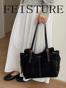 FEISTURE 1件裝麂皮與PU布料拼接多層托特包，時尚女款單肩包，適合女孩、女性、大學生、職場新人與白領上班族，適用於工作、商務、通勤、上學 - 黑色 - 查看 4
