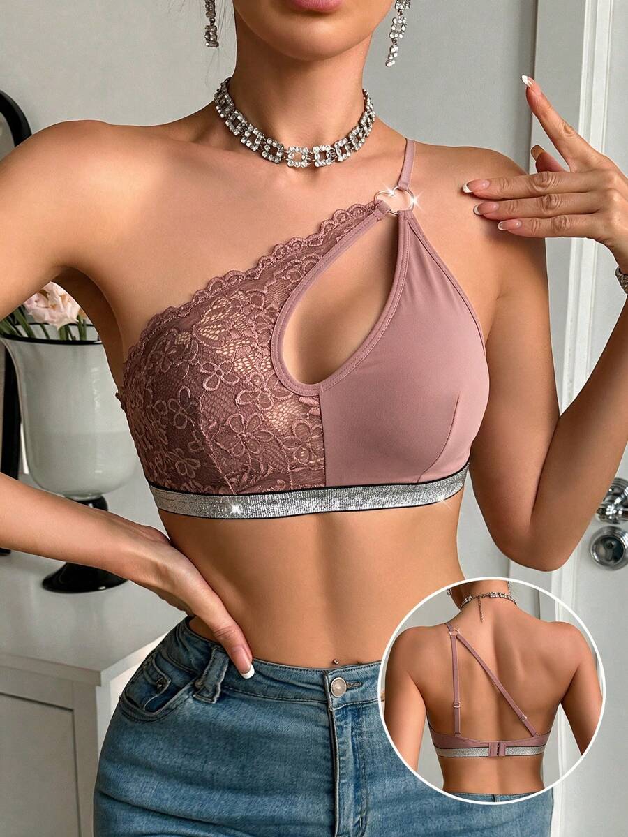 女款性感不對稱肩設計蕾絲拼接內衣 - 粉色 - 查看 1