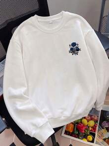 Women's White Long Sleeve Crew Neck Pullover, Rose Print Design, Casual Fashion Street Style Autumn Outfit - White - View 4