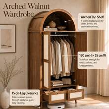 Flieks Arched Wardrobe With 2 Doors & 2 Drawers, 180cm Tall Beige Rattan-Effect Double Wardrobe In Walnut Finish With Hanging Rail & Display Shelf - Walnut - View 6