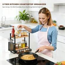 Tier Spice Rack Organizer Countertop With Drawer And Basket, Suitable Coffee Organizer, Kitchen Counter Storage, Bathroom Storage - Brown - View 3
