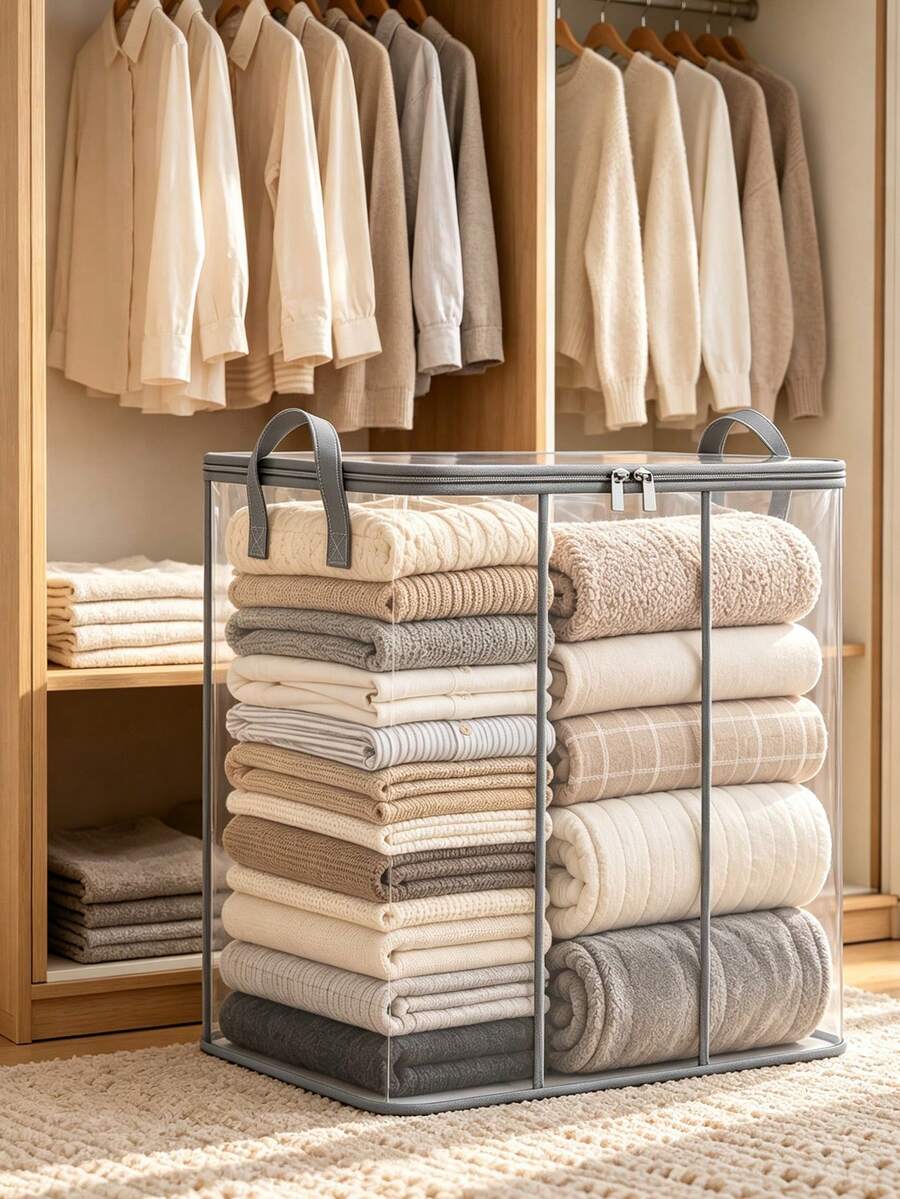 Transparent PVC Clothing Storage Box, Transparent Storage Box With Zipper, Foldable Clothing Storage Container With Gray Handle, Wardrobe Storage Bag For Blankets, Quilts, Bedding, Ideal Choice For Bedroom Wardrobeshalloween Dealsclothes Organizer - Multicolor - View 1