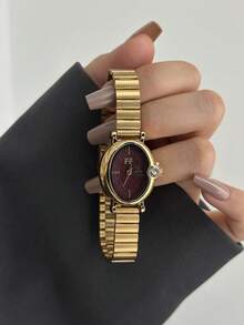 1pc Elegant Gold Oval Women's Quartz Watch, Rhinestone Bezel, Deep Red Dial, Suitable For Daily Wear - Gold - View 2