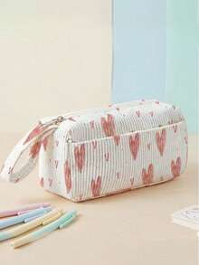 1pc Pink Love Print Corduroy Foldable Pencil Case With Side Pocket & Handle, Multi-Use Bag For School & Travel Essentials - Rose Red - View 10