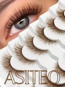 Asiteo 7對摩卡棕色自然長款仿貂毛假睫毛，透明睫毛梗，自然蓬鬆妝感，眼尾加長條狀假睫毛 - 棕色 - 查看 6