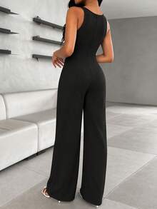 ChicMe Sexy Wide Leg Jumpsuit For Women Rhinestone Decor Multi Spaghetti Straps Ruched Overalls Casual Party Cocktail Outfit - Black - View 3