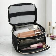 1pc Black Mesh Handheld Makeup Bag, Large Capacity Double Layer Partition Storage Bag, Breathable Mesh Design, Can Store Makeup, Skincare, Toiletries, Portable Handheld Style, Essential For Travel And Home Storage - Black - View 4