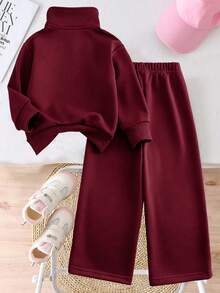 Tween Girl Cartoon Bow Pattern Solid Color Sweatshirt & Pants Set, Minimalist Design, Comfortable For Spring, Autumn, Winter, 2 Pieces Set - Burgundy - View 2