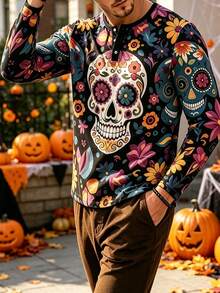 Men's Autumn/Winter Halloween Day Of The Dead Candy Skull Floral Button Long Sleeve T-Shirt - Multicolor - View 6